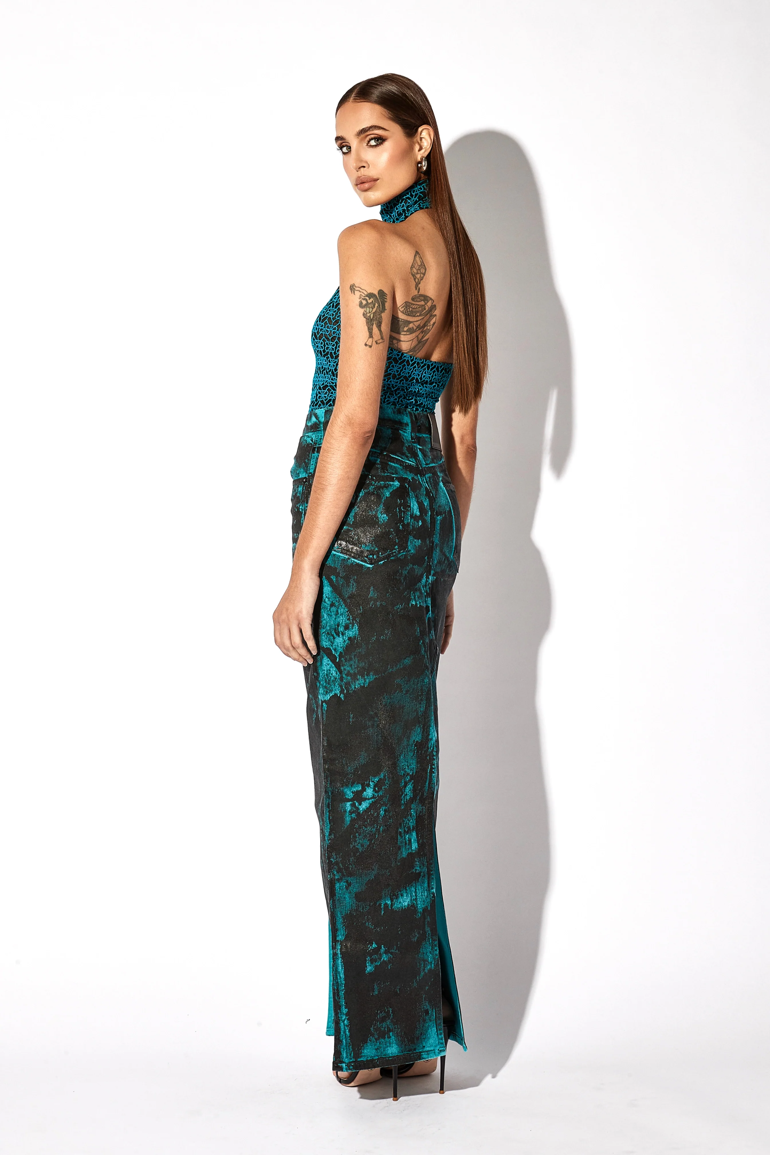 EMBROIDERED MOCK NECK BODYSUIT | TEAL - Image 3